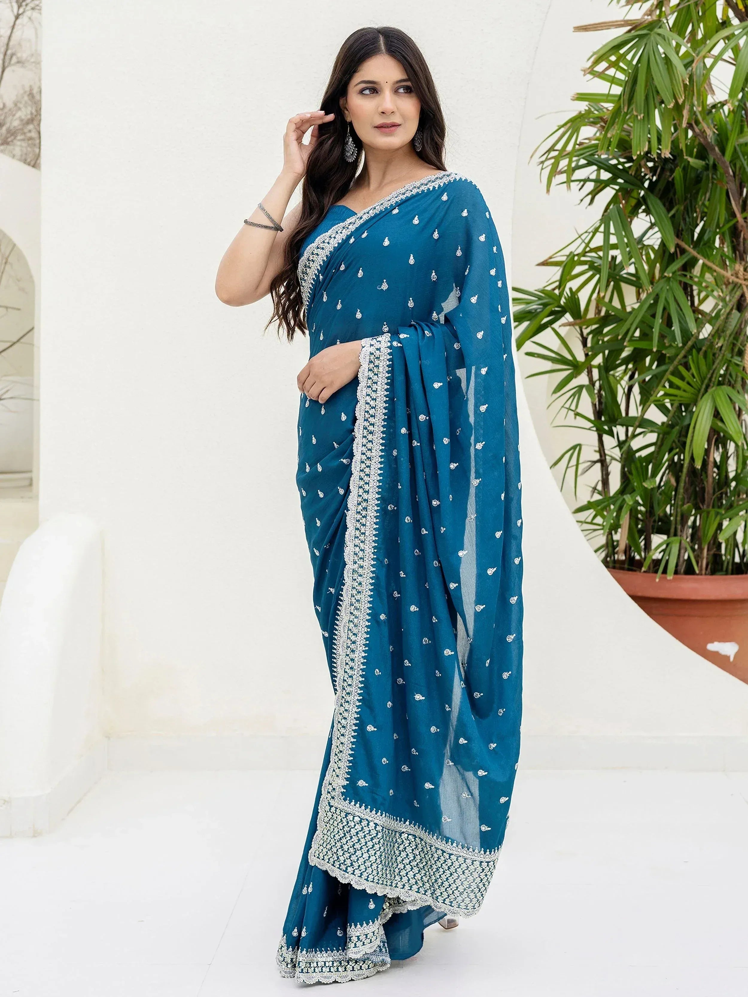 Teal blue saree with white embroidery, Indian ethnic wear for women