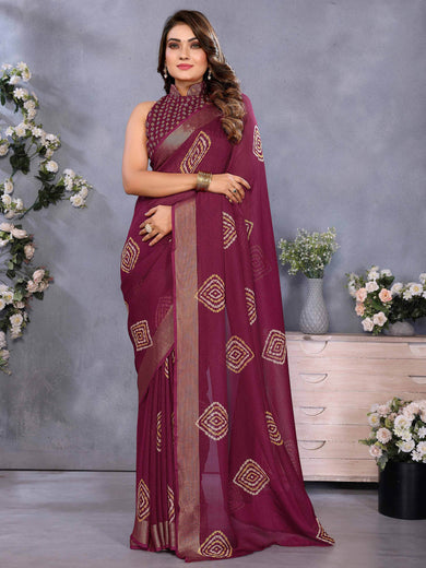 Sweet Rose Pink Chiffon Shibori Printed Saree With Blouse
