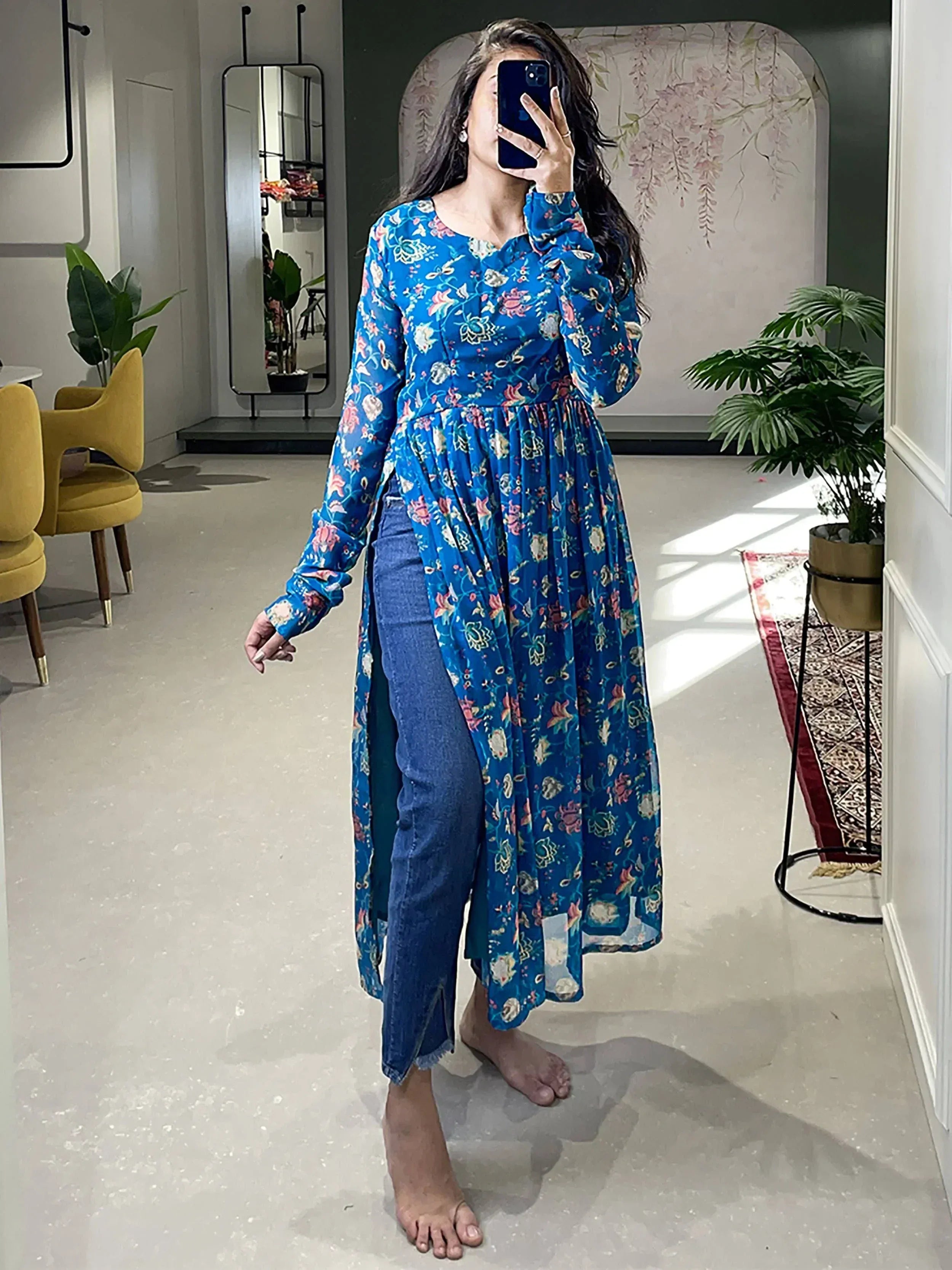 Blue floral ethnic gown with side slit, styled with jeans for casual wear