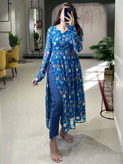 Alluring Teal Green Georgette Floral Printed Nayra Cut Kurti