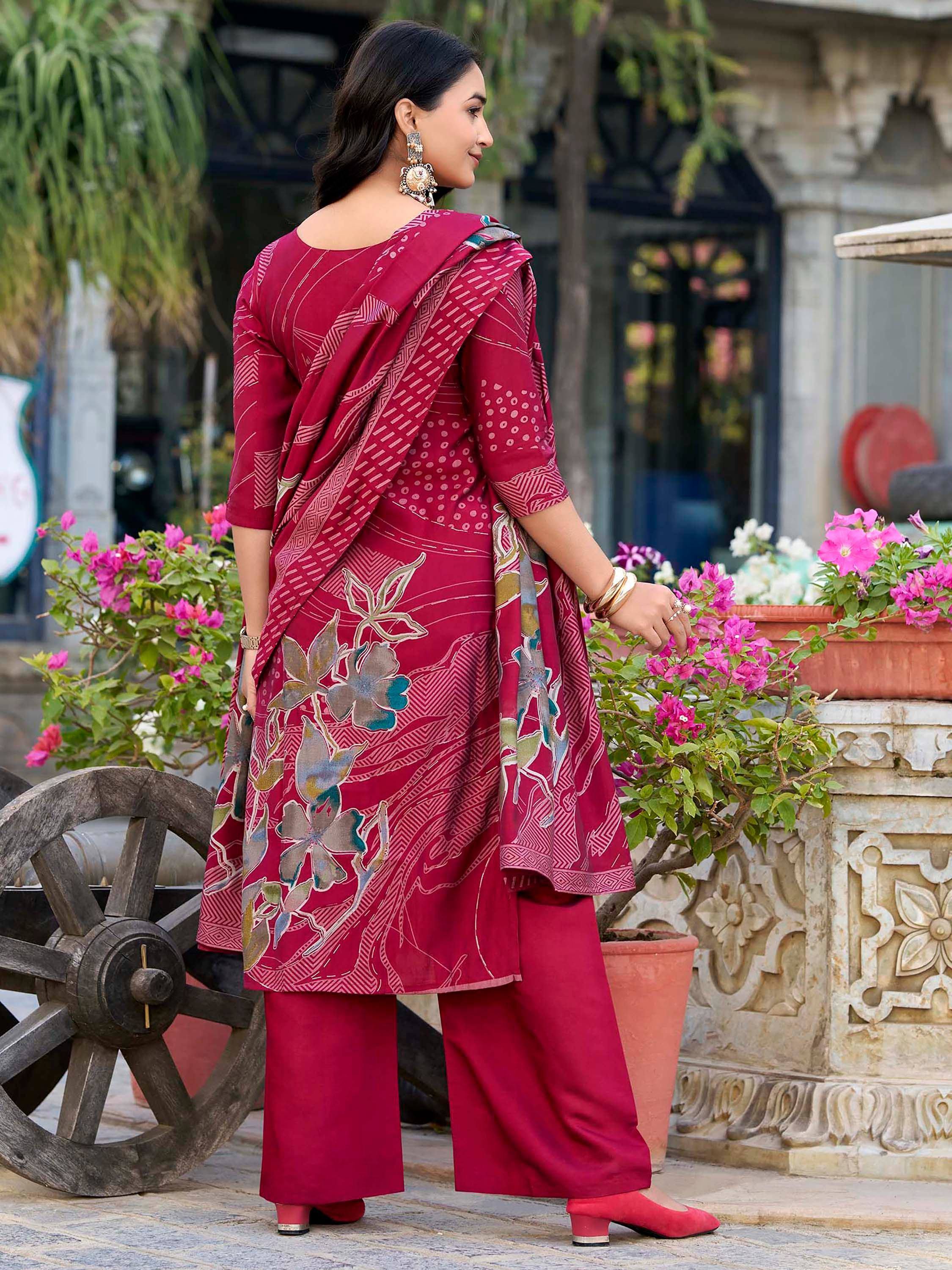 Maroon printed salwar kameez with floral dupatta, ethnic wear for women