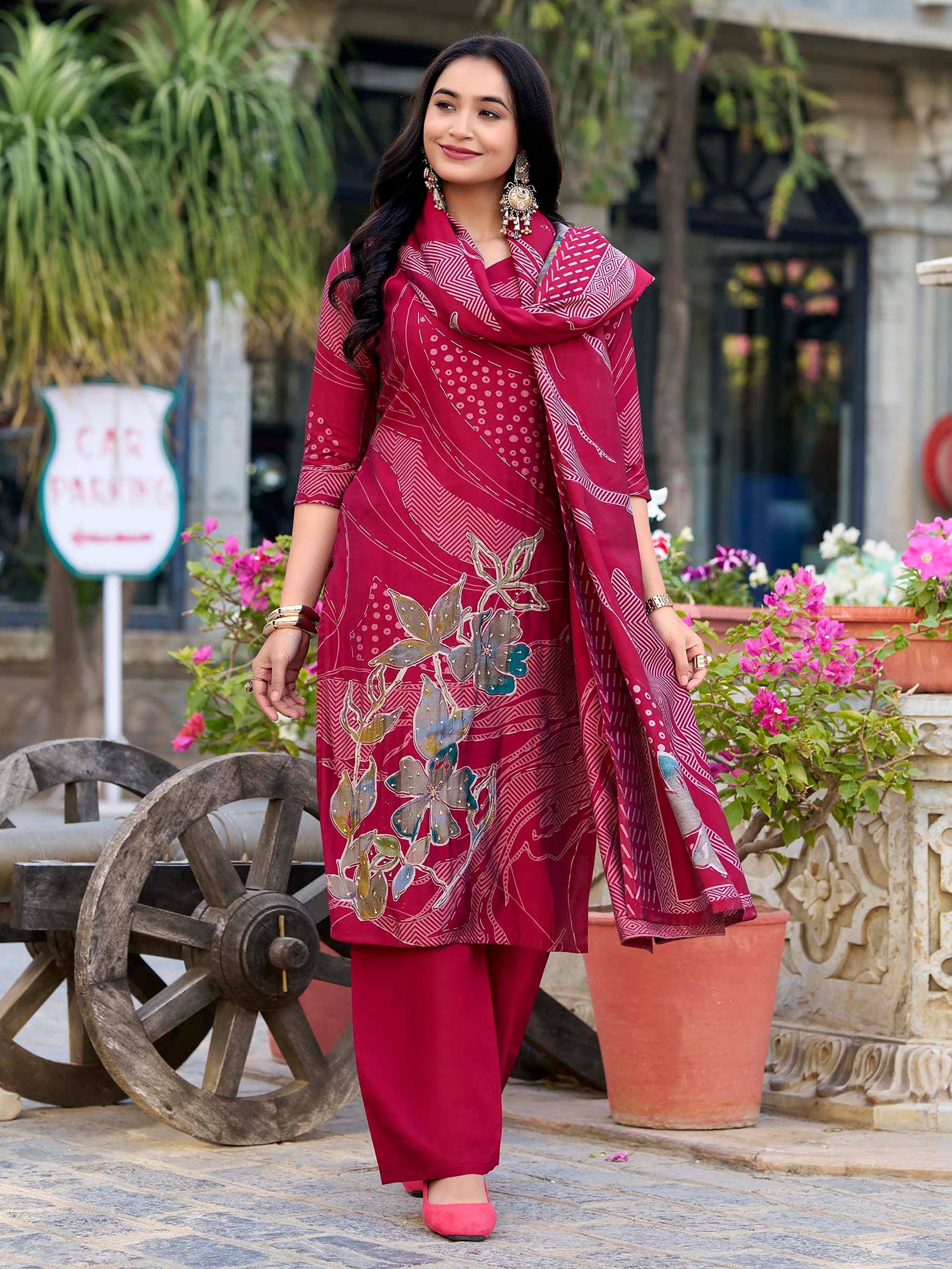 Elegant maroon floral print salwar kameez with matching dupatta, perfect for Indian ethnic wear