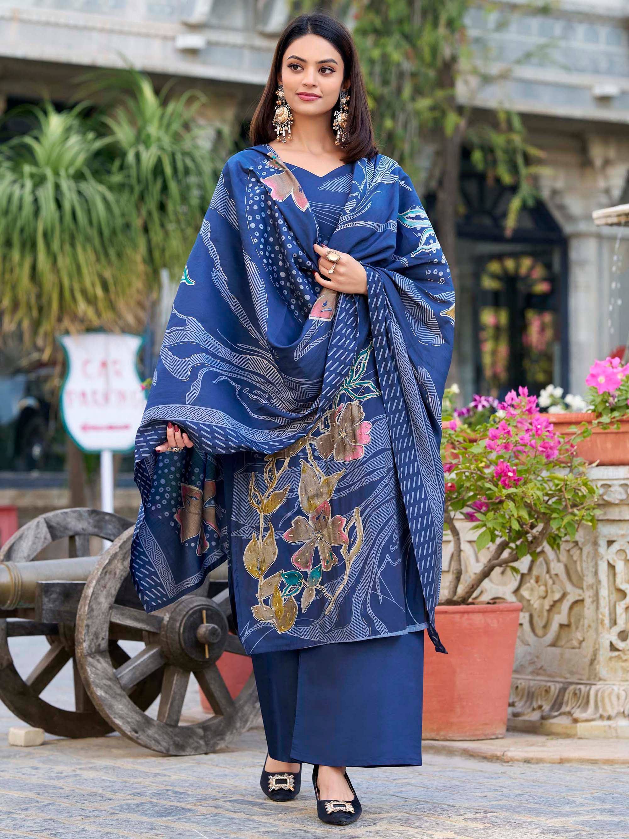 Blue floral printed salwar kameez with elegant dupatta, perfect for ethnic occasions