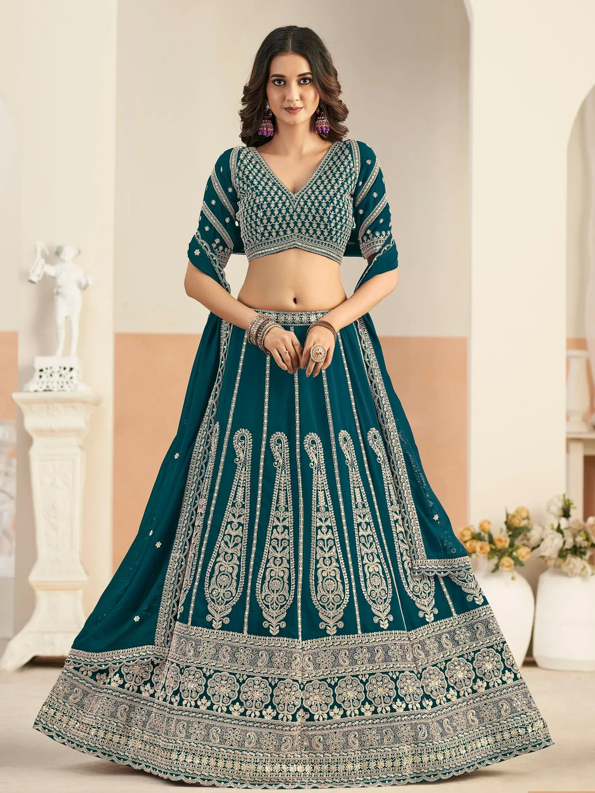 Marvelous Teal Green Embroidered Georgette Lehenga Choli With Dupatta