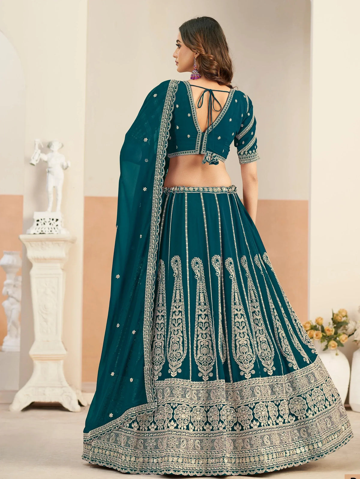 Marvelous Teal Green Embroidered Georgette Lehenga Choli With Dupatta