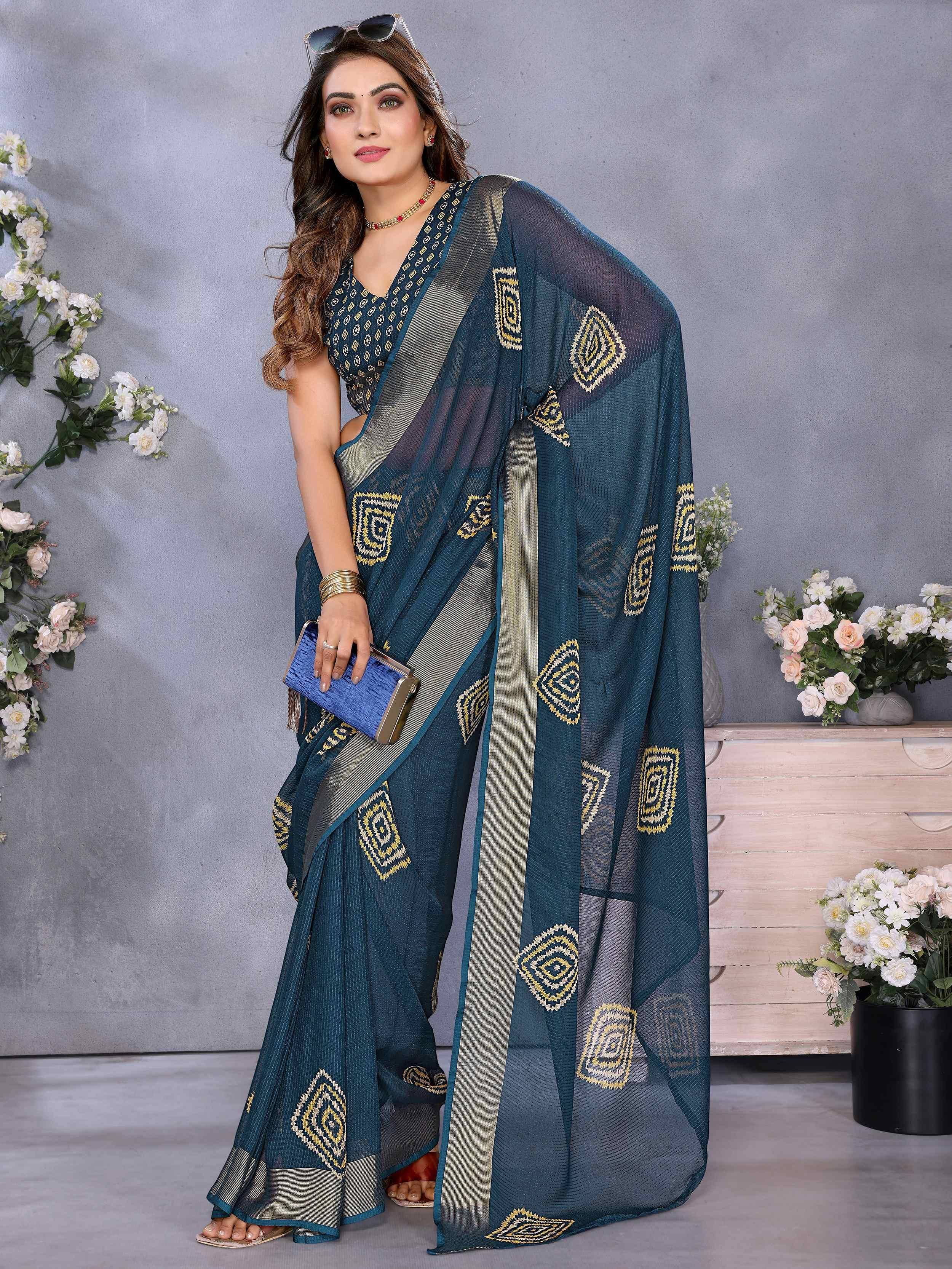 Teal designer saree with gold geometric print, ethnic wear for women, perfect for festive occasions