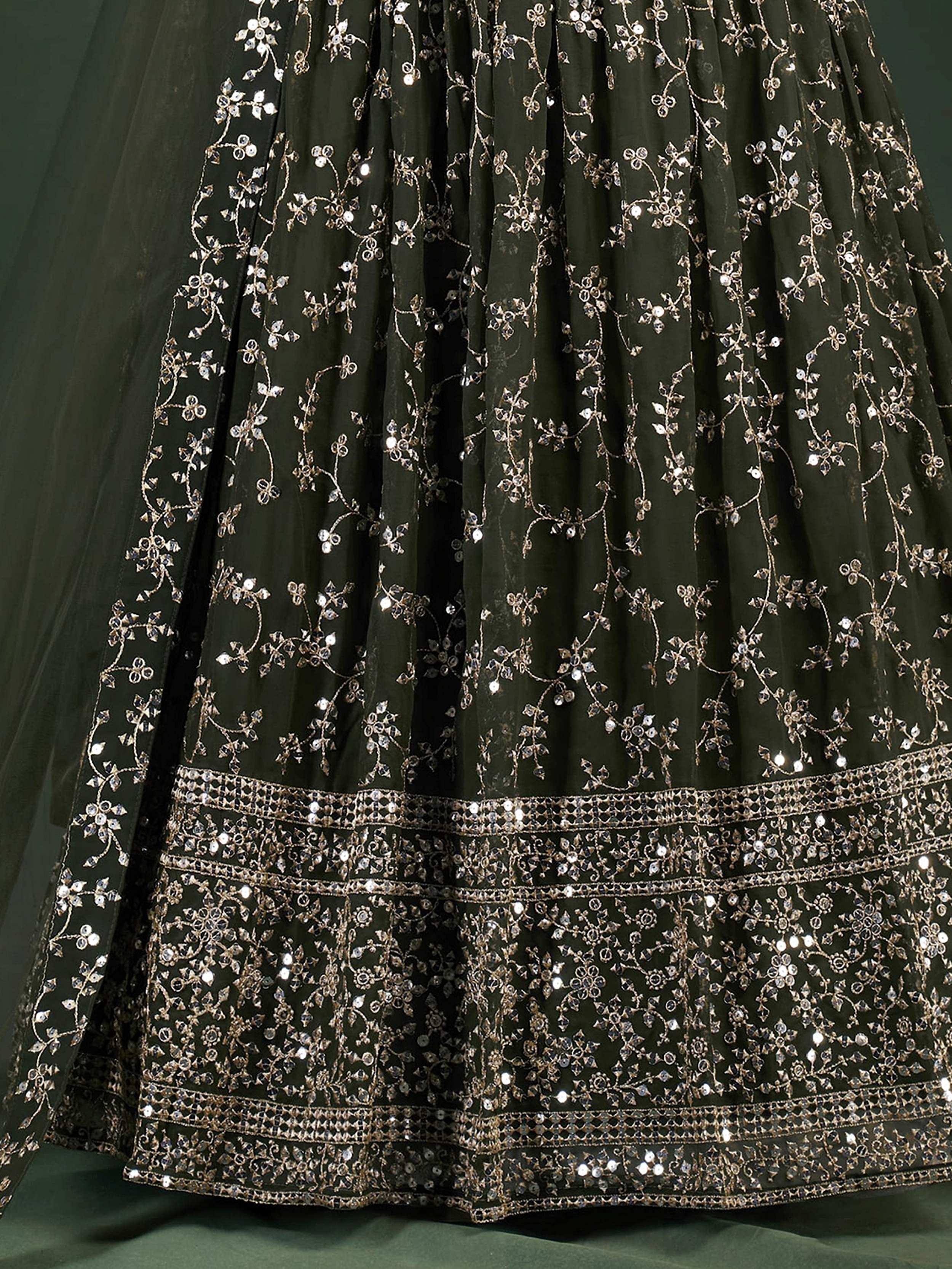 Dark green lehenga with intricate gold floral embroidery and sequin detailing, perfect for Indian ethnic wear.