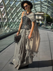 Beautiful Grey Color Weaving Silk Festival Wear Saree With Blouse
