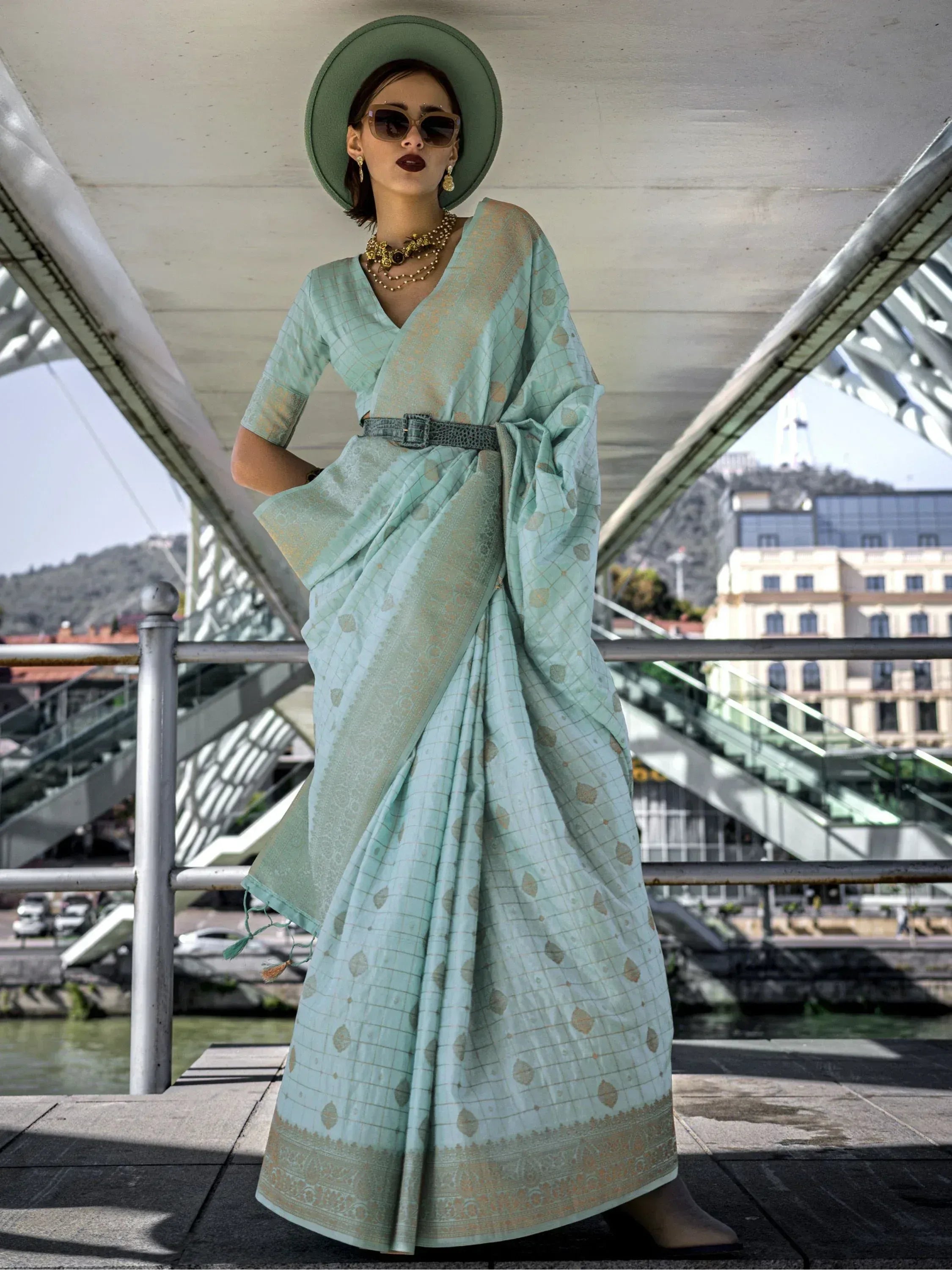 Precious Light Blue Weaving Silk Festival Wear Saree With Blouse