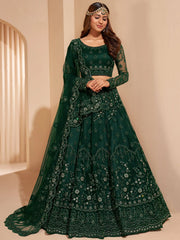 Amazing Dark Green Thread Embroidered Net Wedding Wear Lehenga Choli