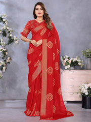 Charming Red Shibori Printed Chiffon Traditional Saree
