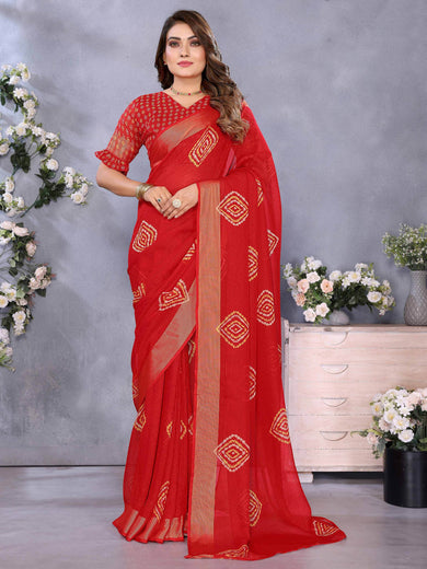 Charming Red Shibori Printed Chiffon Traditional Saree