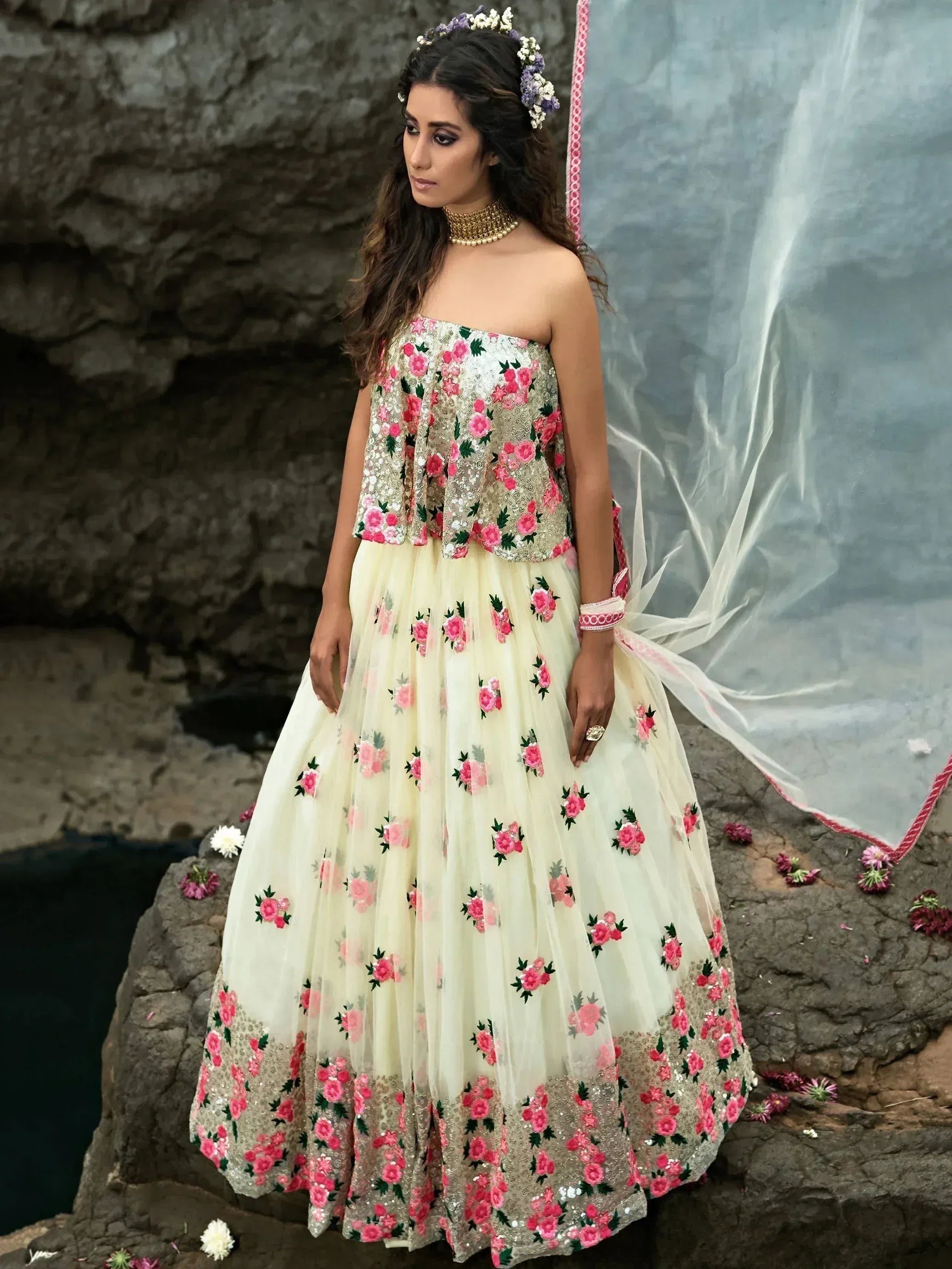 Floral embroidered off-shoulder lehenga choli with sequins, perfect for Indian weddings and festive occasions