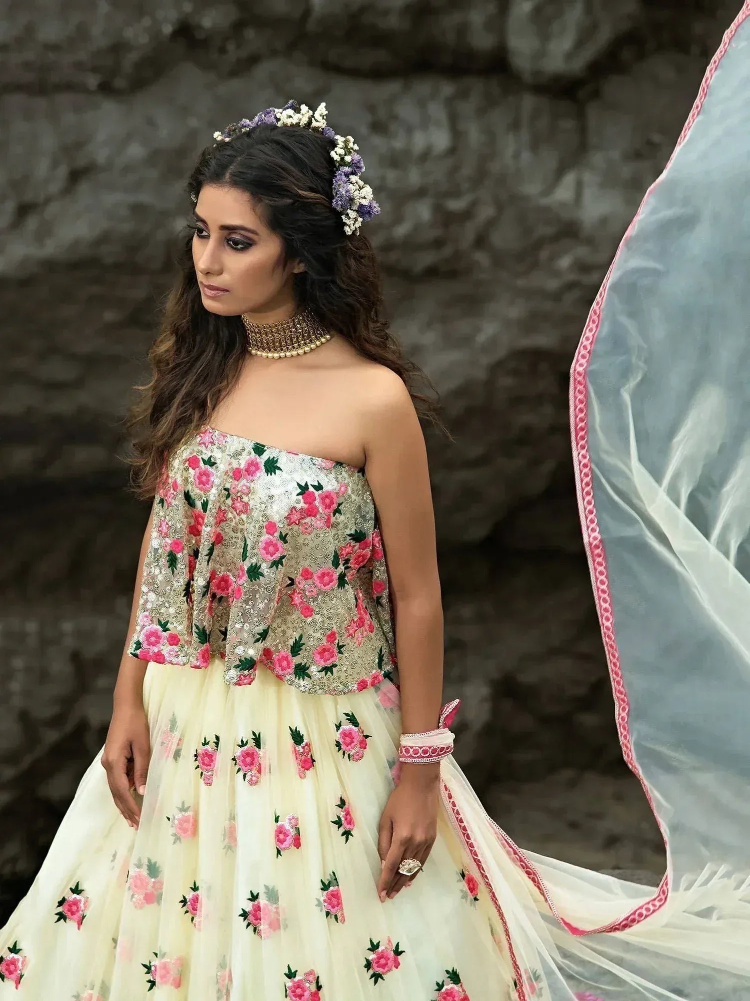 Floral embroidered off-shoulder lehenga choli with sheer dupatta, perfect for Indian ethnic occasions