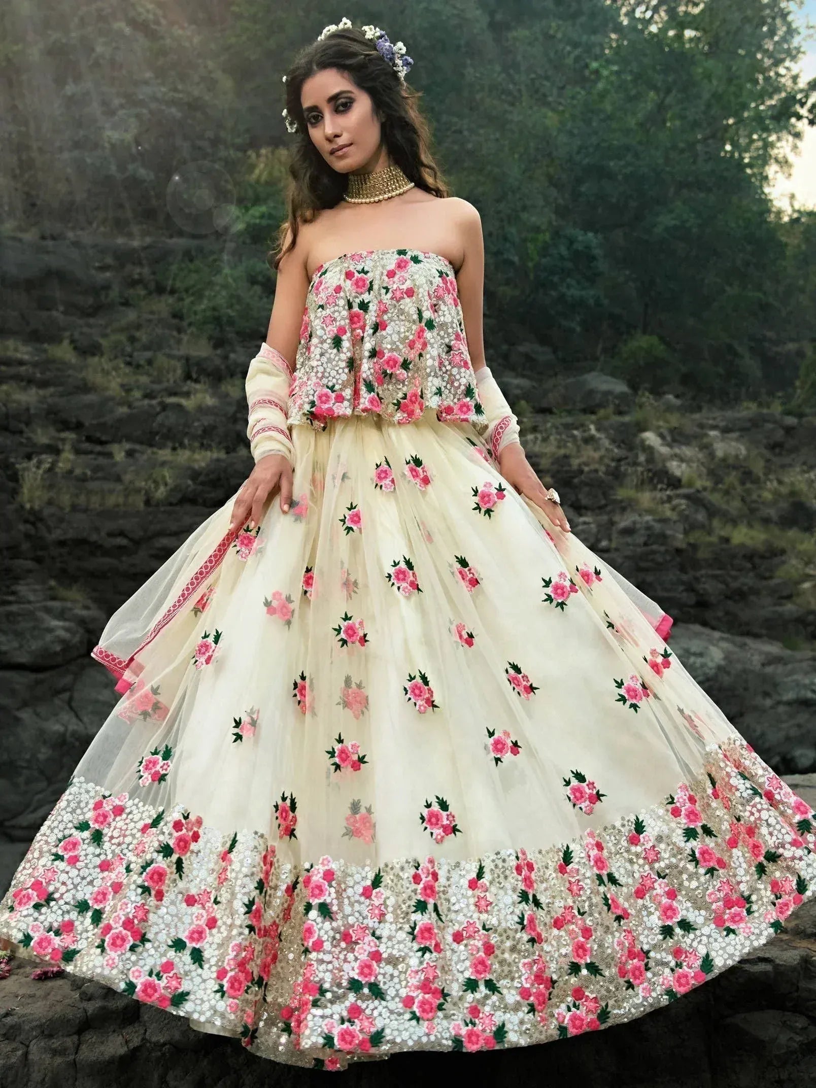 Floral embroidered strapless lehenga choli with sequin detailing, perfect for Indian ethnic wear occasions