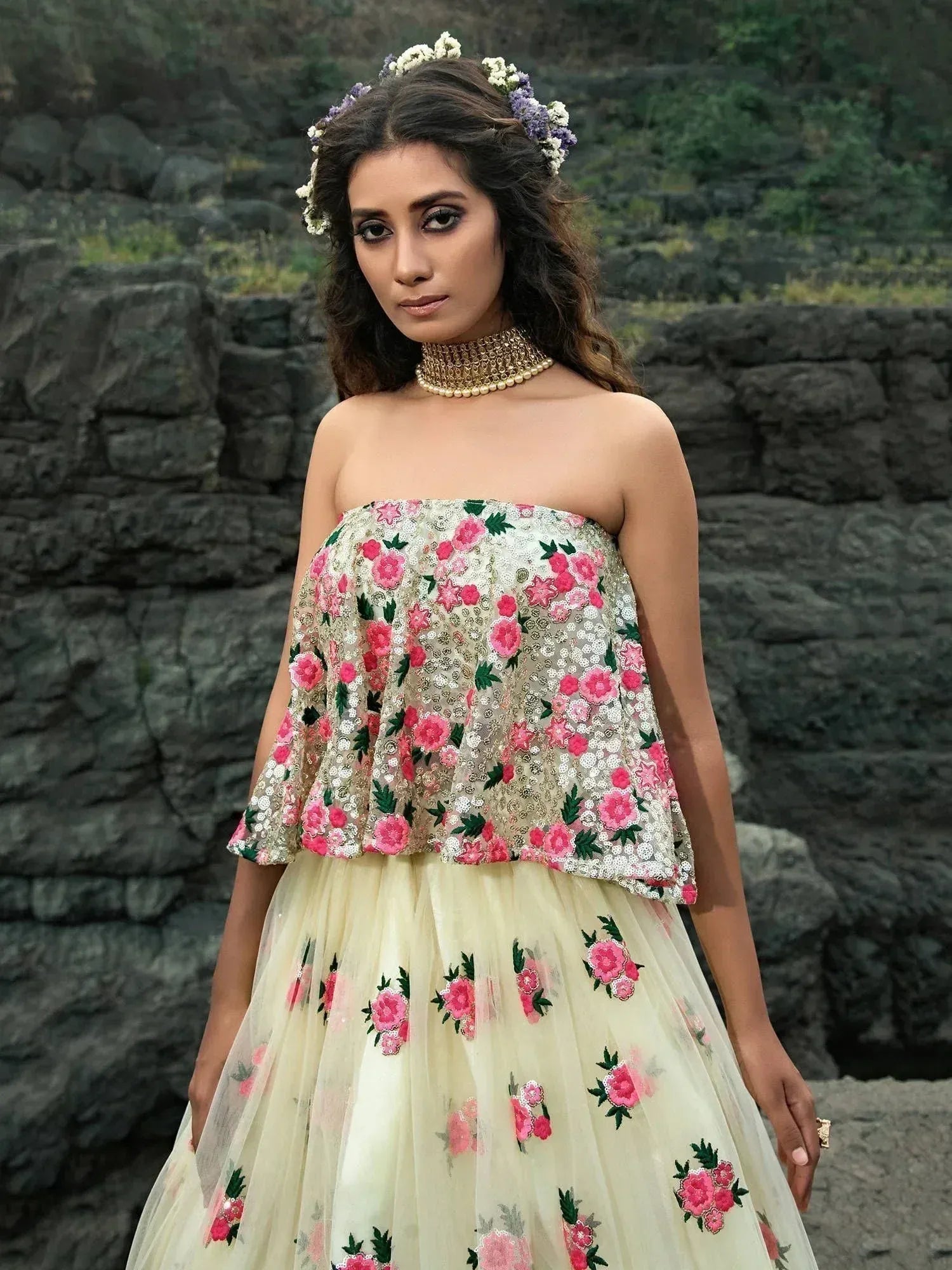 Floral embroidered strapless ethnic gown with sequins, perfect for Indian weddings and parties