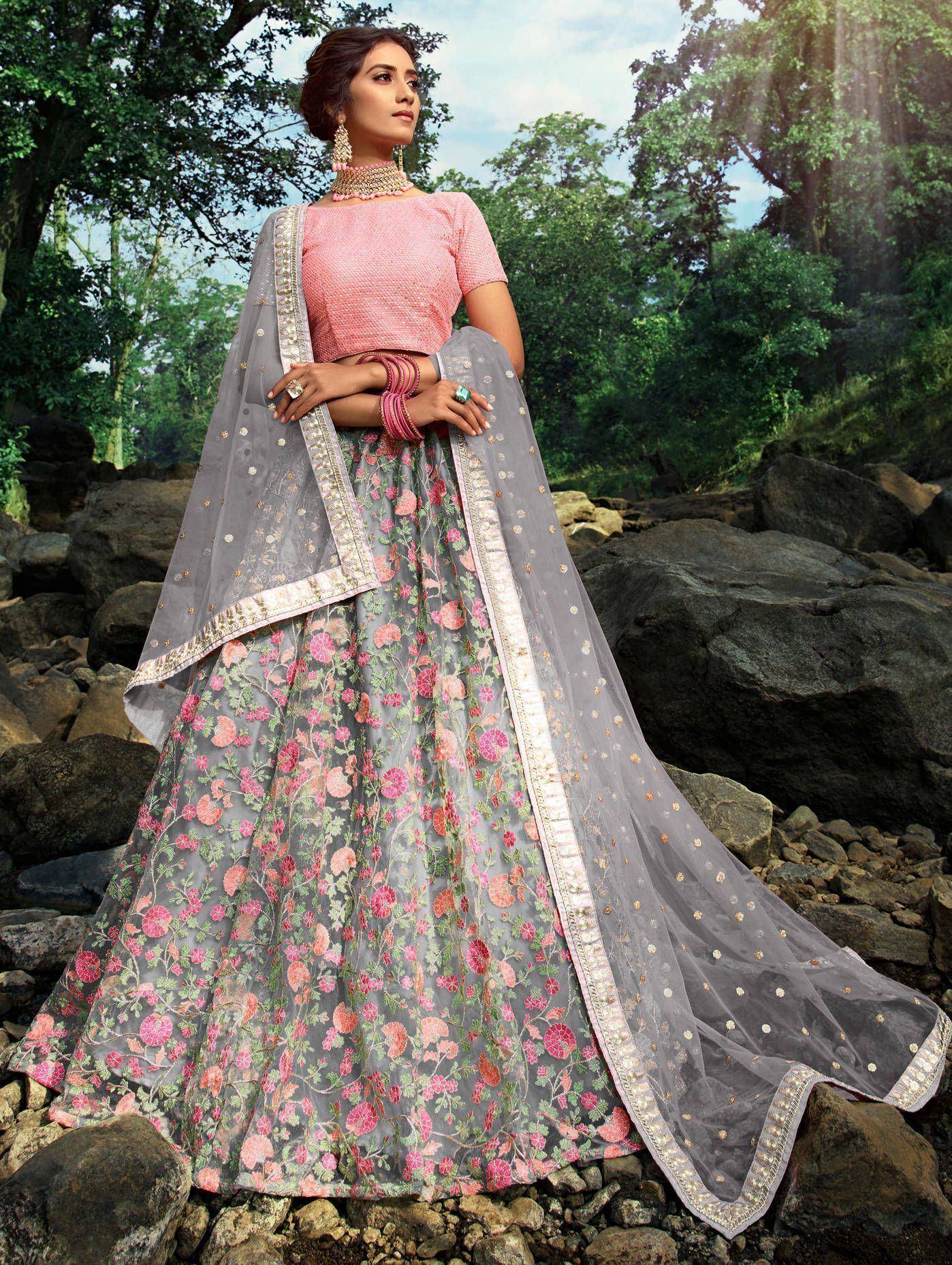 Grey floral lehenga choli with pink blouse, perfect for Indian ethnic occasions and weddings.