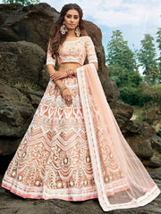 Peach Thread Zari Worked Soft Net Bridal Lehenga Choli