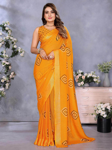 Mesmerizing Orange Chiffon Shibori Printed Saree With Blouse