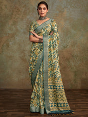 Awesome Cream Digital Printed Silk Traditional Saree With Blouse