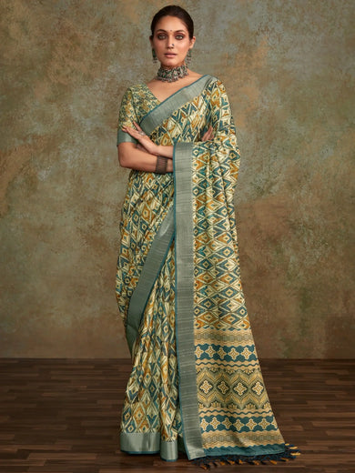 Awesome Cream Digital Printed Silk Traditional Saree With Blouse