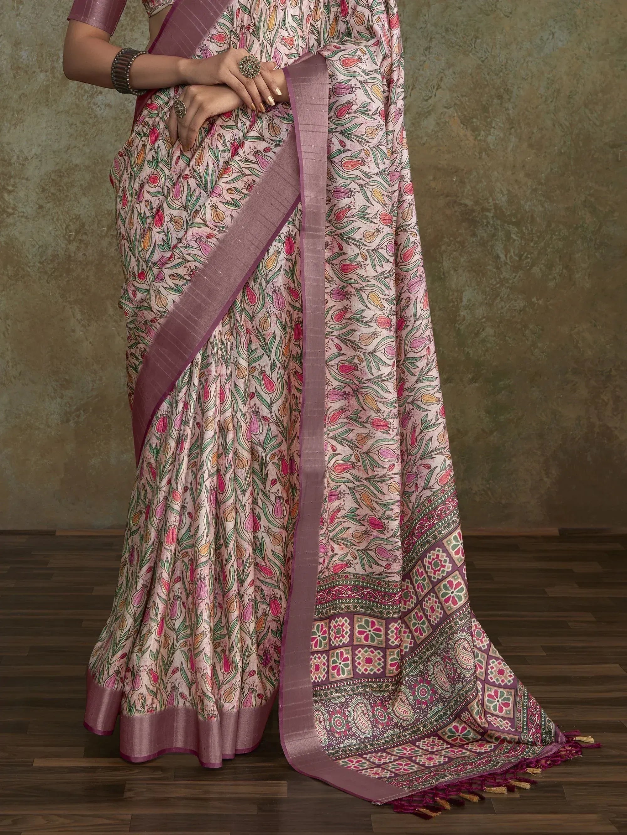 Amazing Pink Digital Printed Silk Festival Wear Saree With Blouse