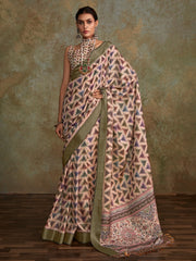 Beautiful Off-White Digital Printed Silk Function Wear Saree With Blouse