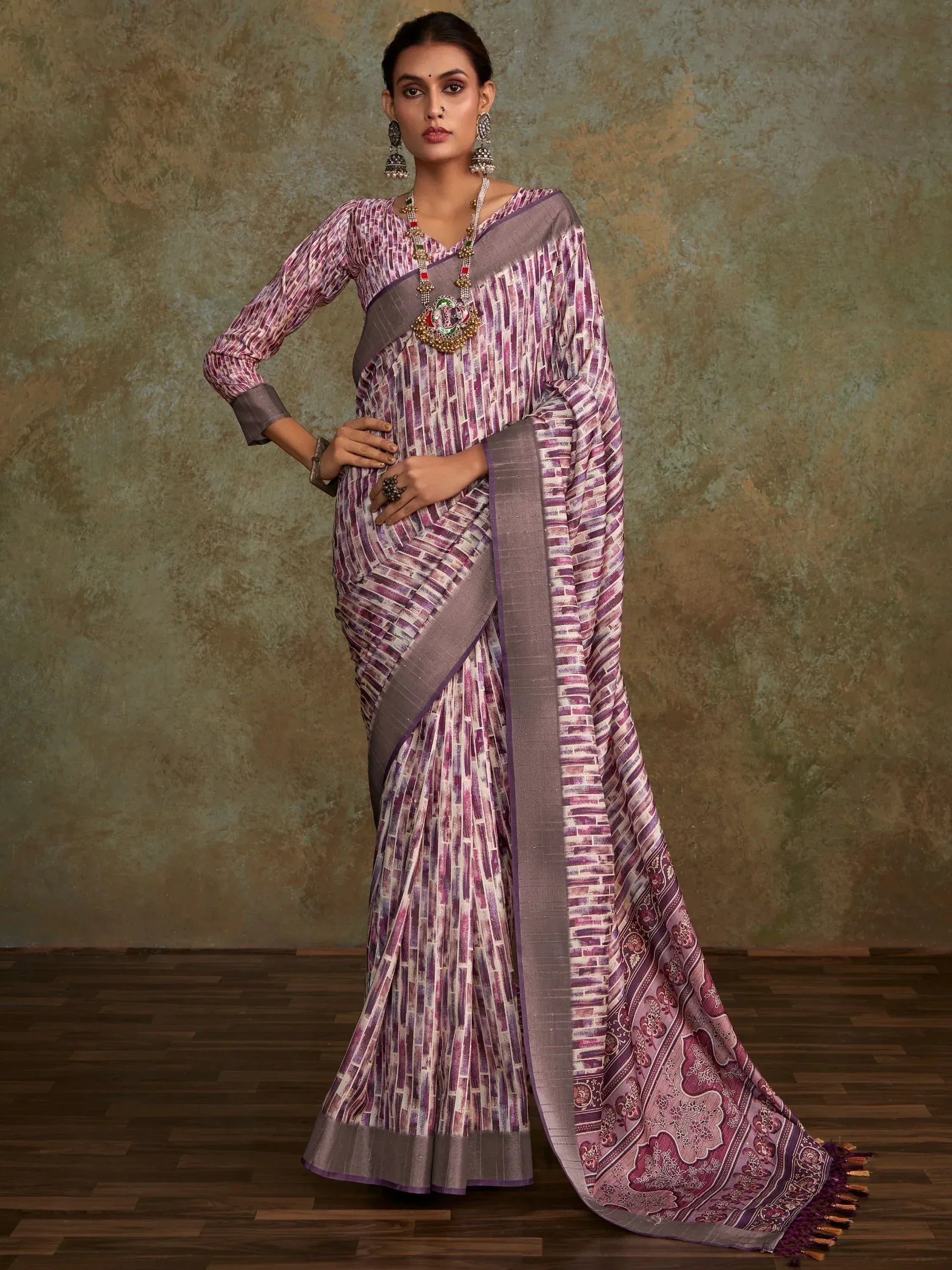 Purple and grey printed saree with geometric pattern, ethnic wear for women