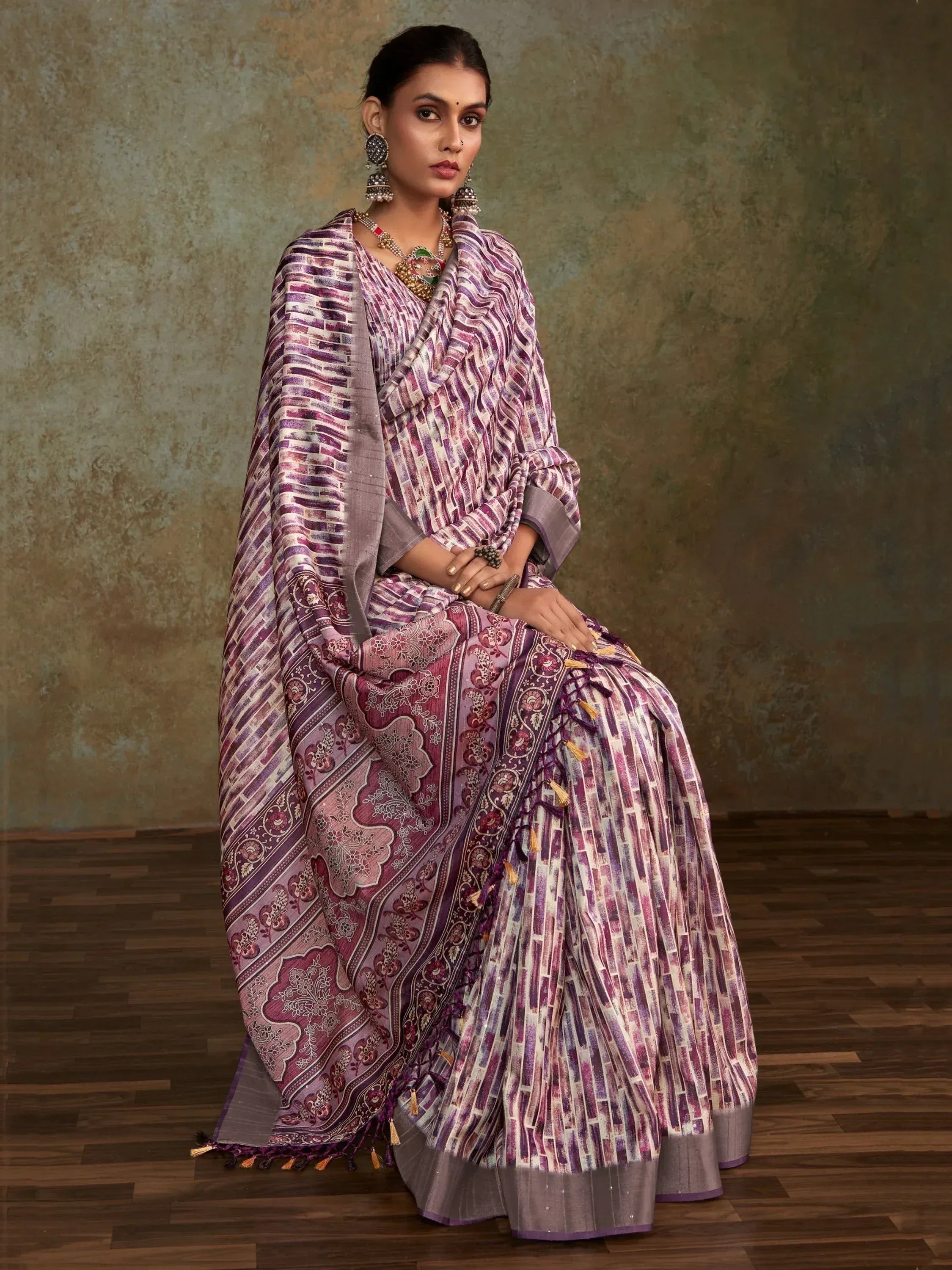 Purple and white printed saree with floral border, ethnic wear for women