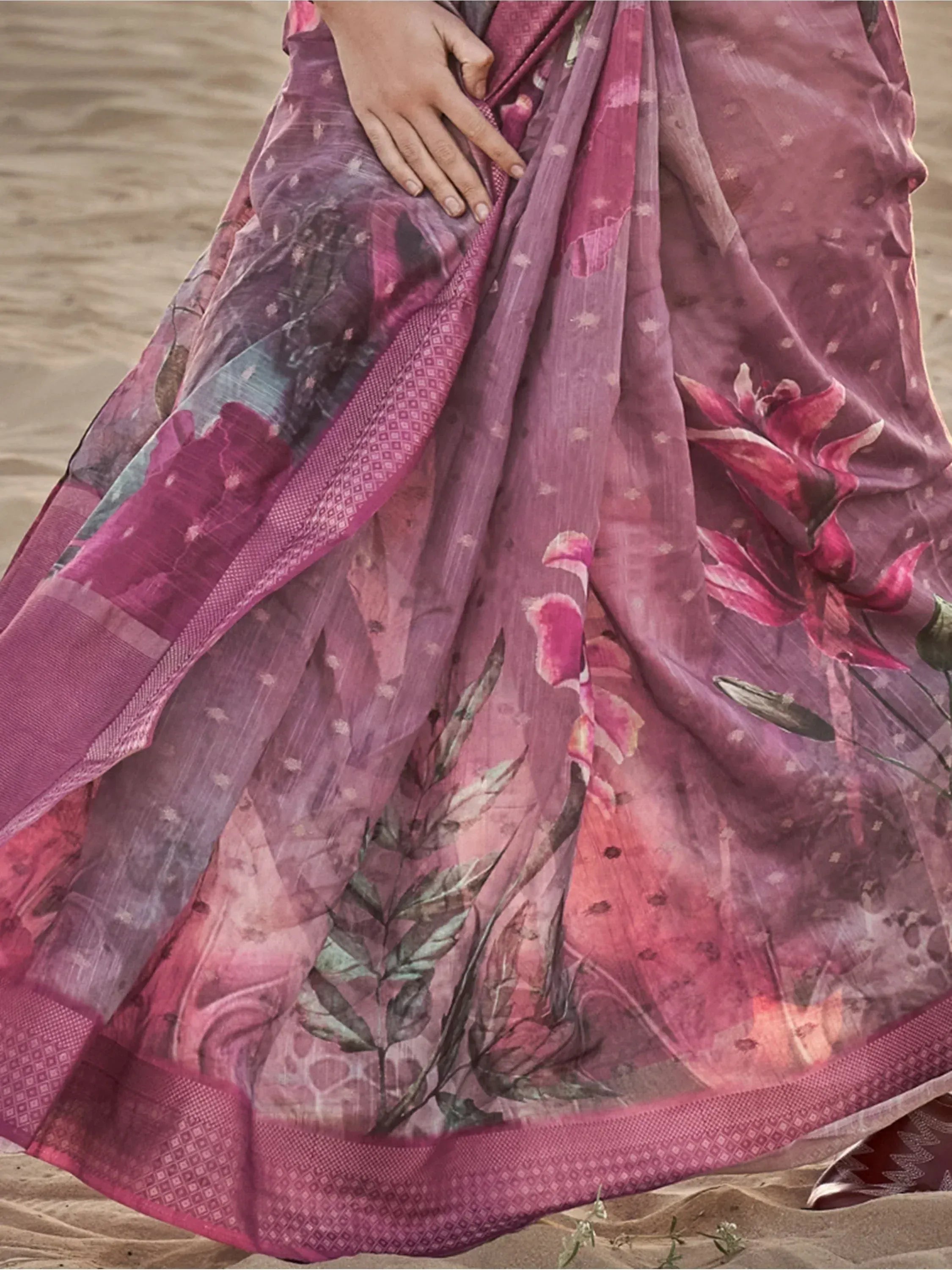 Pink floral printed saree with geometric border, ethnic wear for women