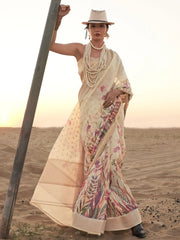 Gorgeous Cream Color Printed Linen Festival Wear Saree With Blouse