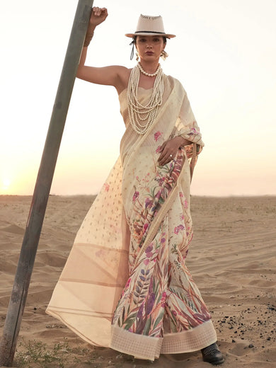 Gorgeous Cream Color Printed Linen Festival Wear Saree With Blouse