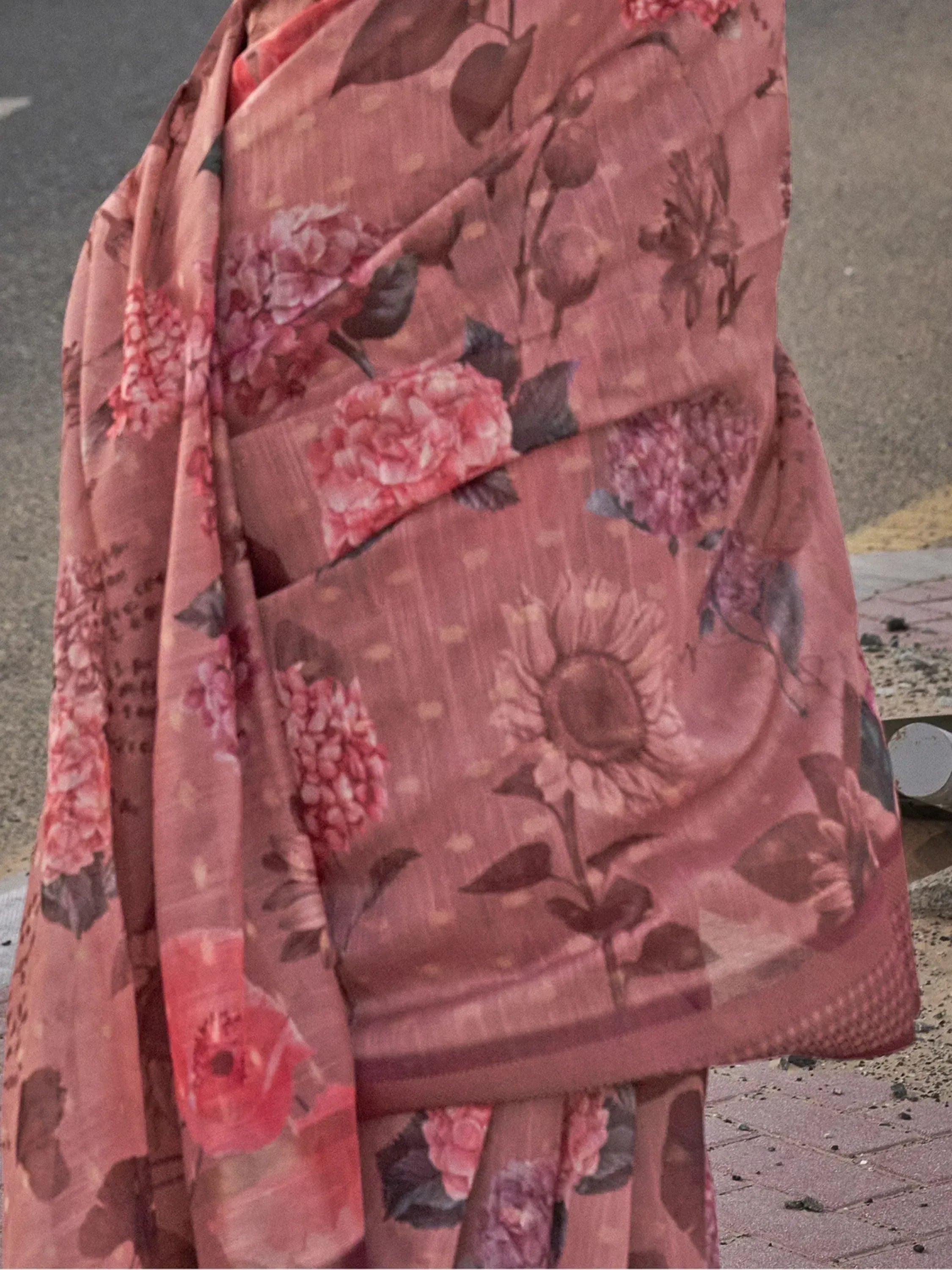 Pink floral printed ethnic saree with sunflower and rose motifs, perfect for Indian wear