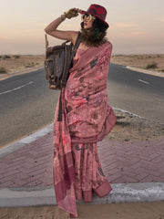 Beloved Pink Printed Linen Wedding Wear Saree With Blouse