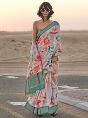 Precious Pink Color Printed Linen Event Wear Saree With Blouse
