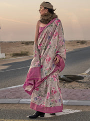 Endearing Grey Printed Linen Event Wear Saree With Blouse