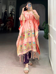 Adorable Peach Zari Weaving jacquard Function Wear Kaftan