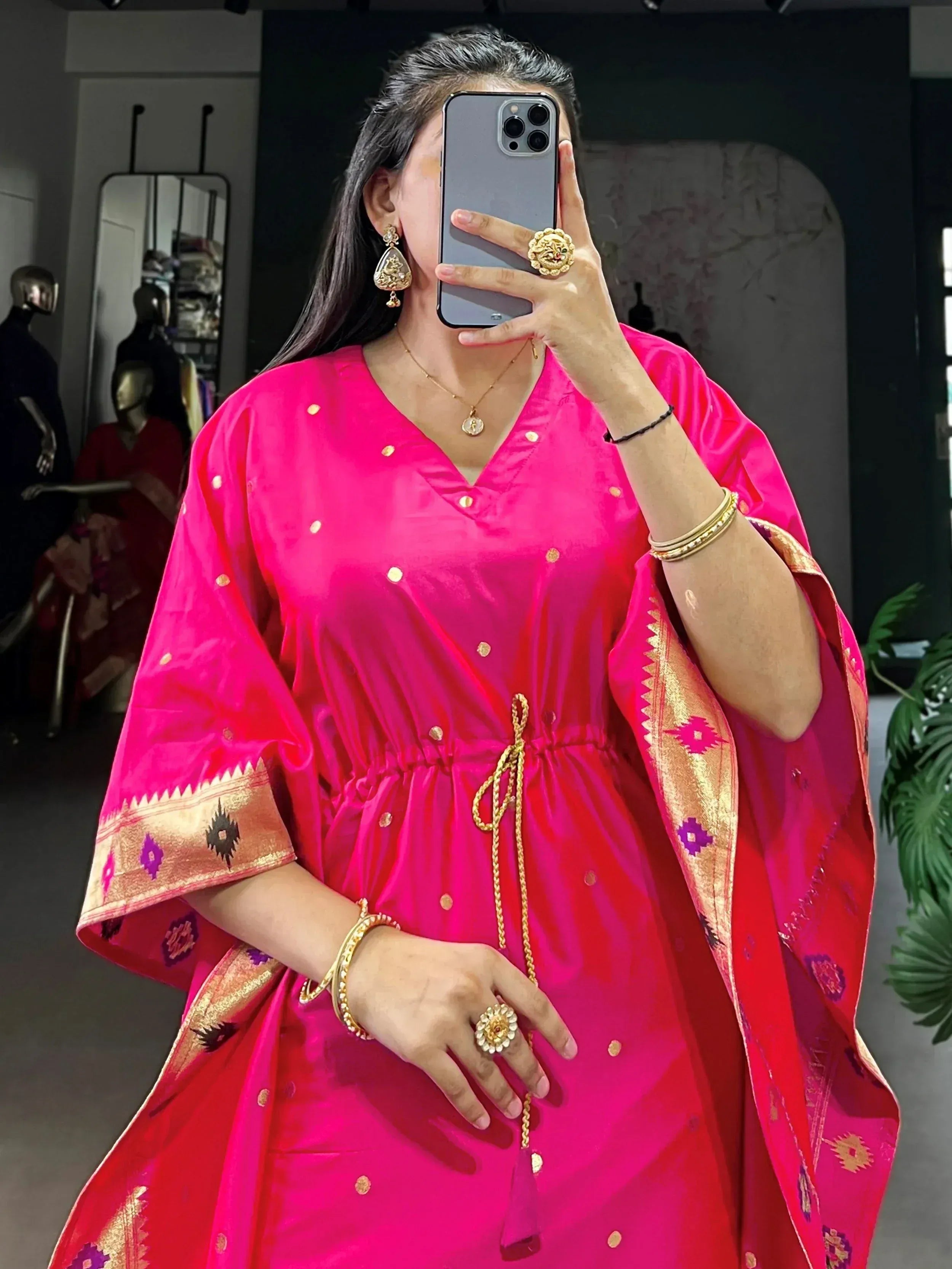 Sparkling Pink Zari Weaving jacquard Function Wear Kaftan