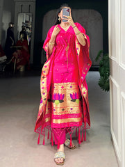 Sparkling Pink Zari Weaving jacquard Function Wear Kaftan