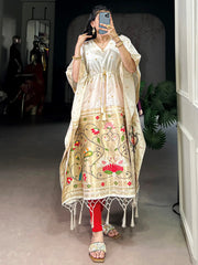 Fabulous White Zari Weaving jacquard Festive Wear Kaftan