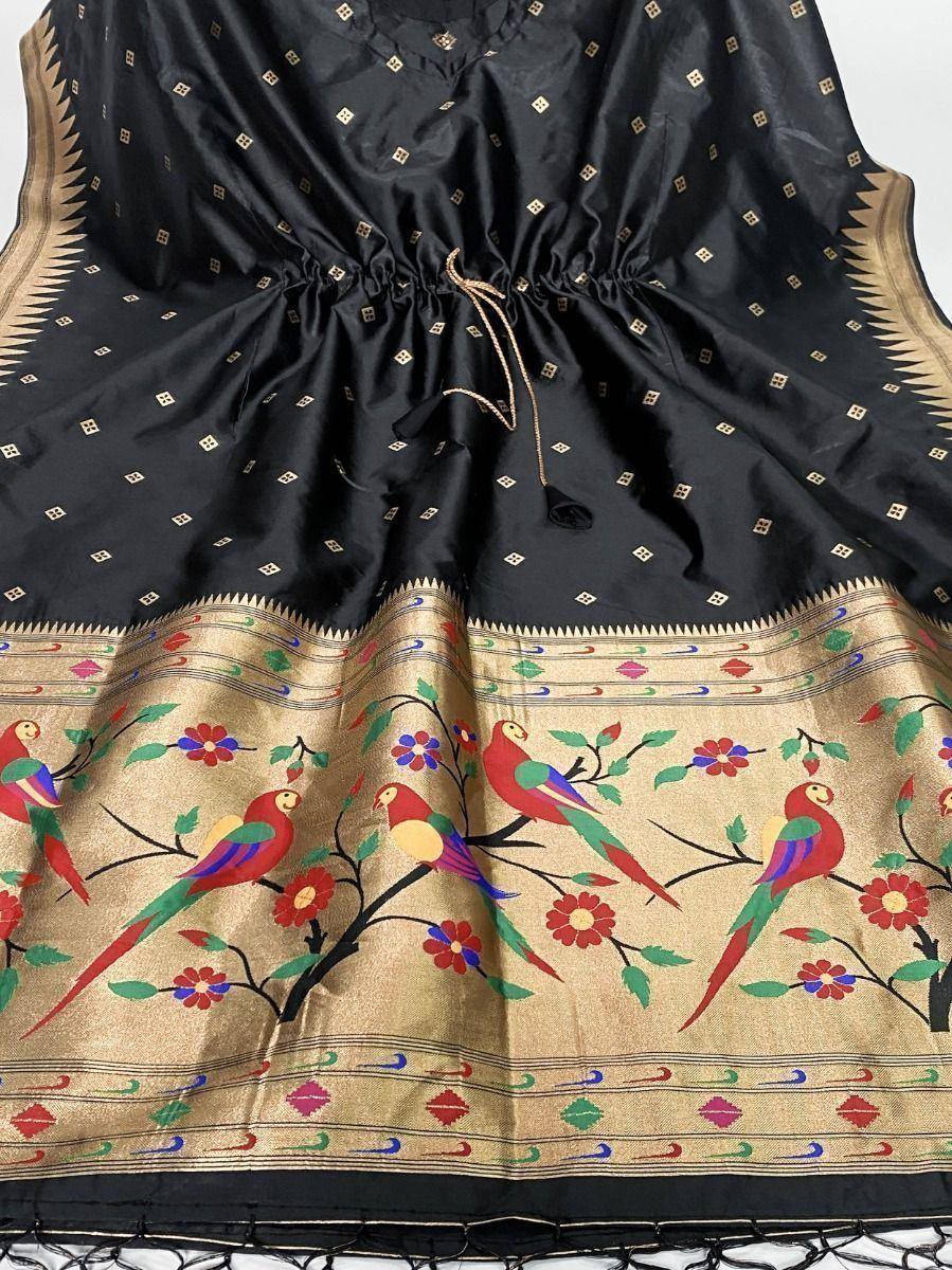 Black ethnic gown with colorful parrot and floral border, gold geometric print, drawstring waist