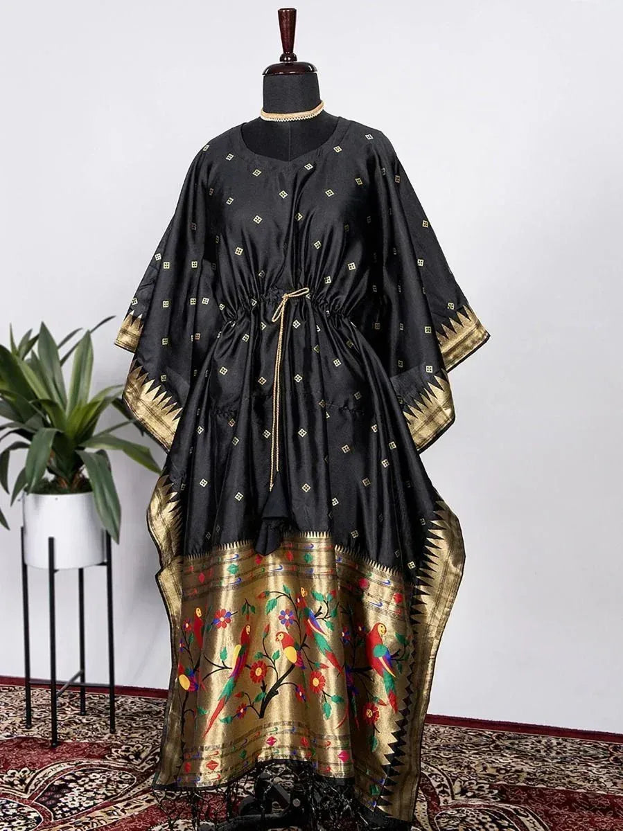 Black ethnic gown with gold parrot print, perfect for Indian occasions and festive wear.