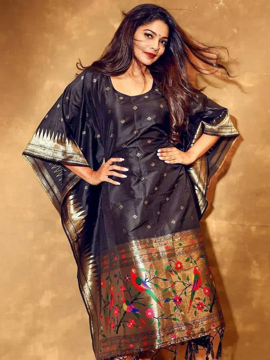 Black ethnic gown with gold parrot print, perfect for Indian occasions and festive wear.