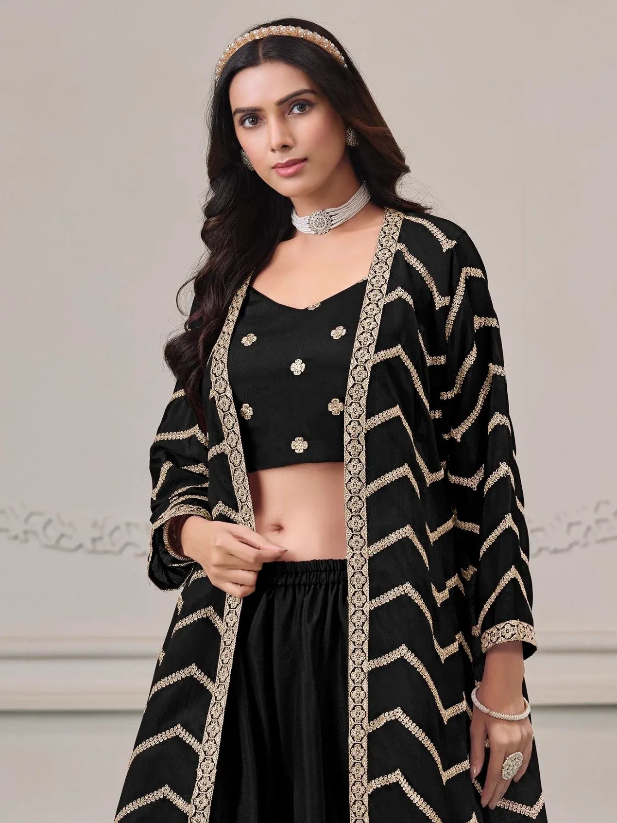 Classy Black Dori Work Chinon Event Wear Palazzo Suit With Jacket
