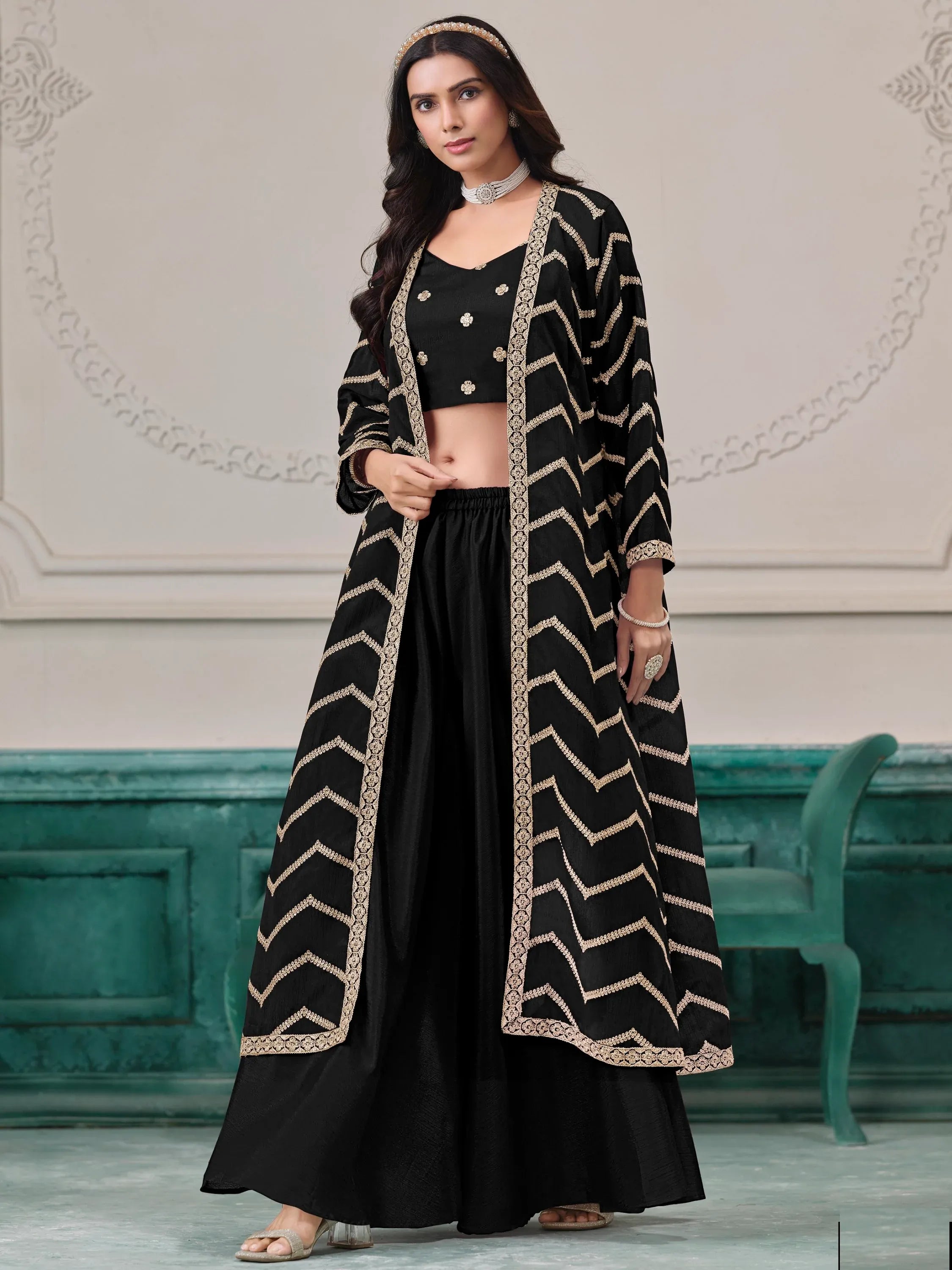 Classy Black Dori Work Chinon Event Wear Palazzo Suit With Jacket