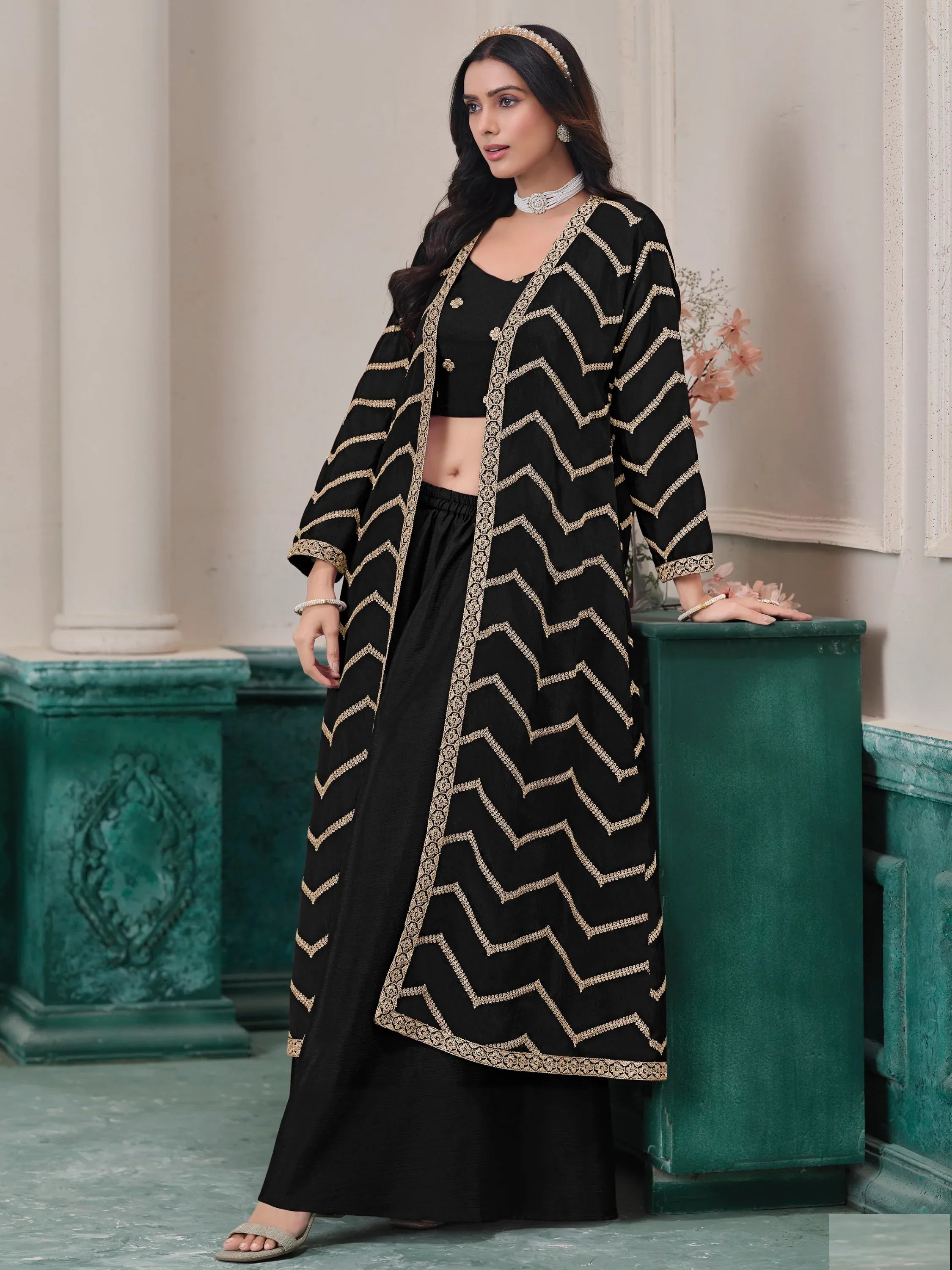 Classy Black Dori Work Chinon Event Wear Palazzo Suit With Jacket