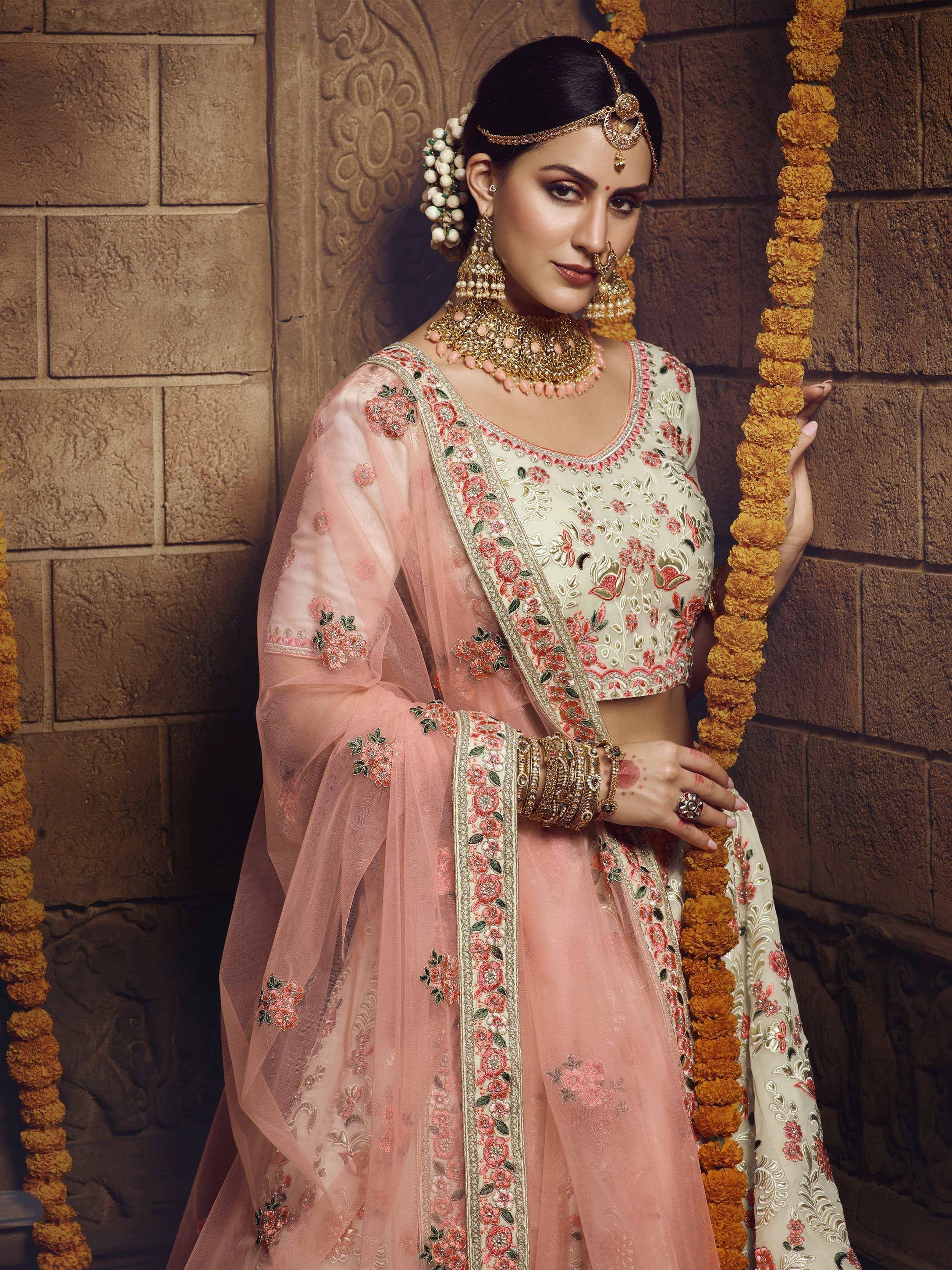 Alluring Off White Georgette Embroidered Bridesmaid Lehenga Choli