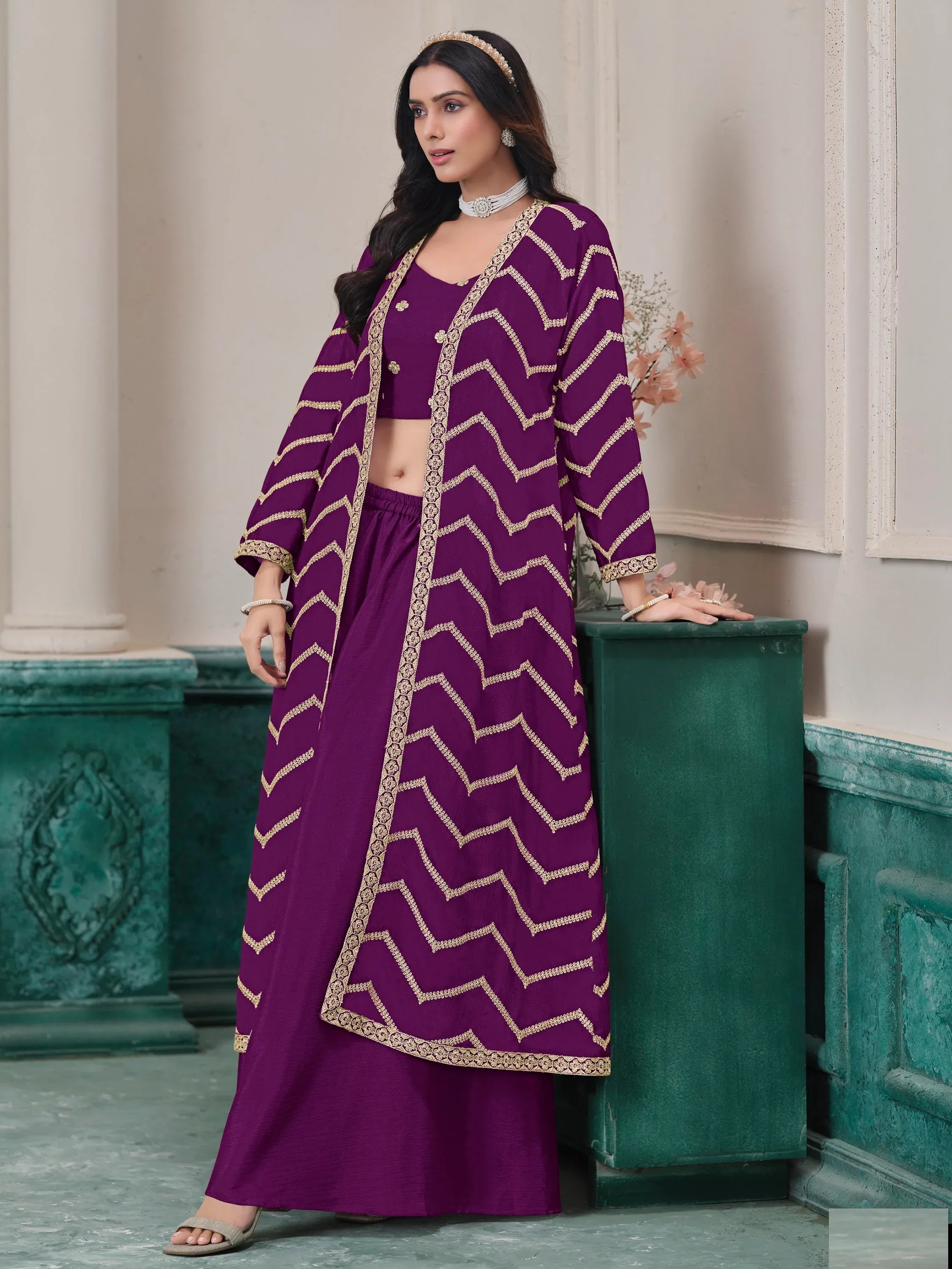 Stunning Purple Embroidered Chinon Festive Wear Palazzo Suit With Jacket