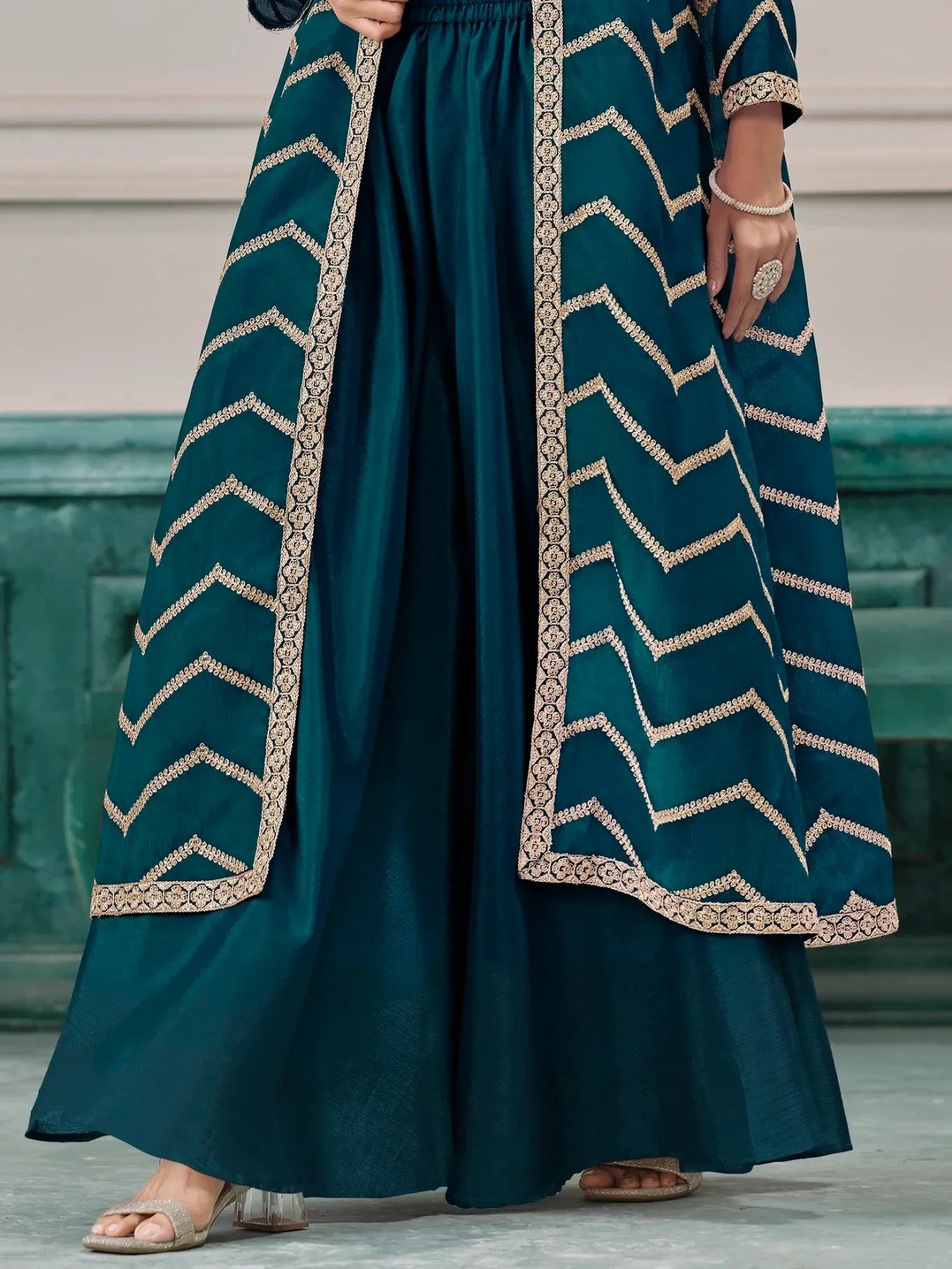 Notable Teal Green Chinon Engagement Wear Palazzo Suit With Jacket
