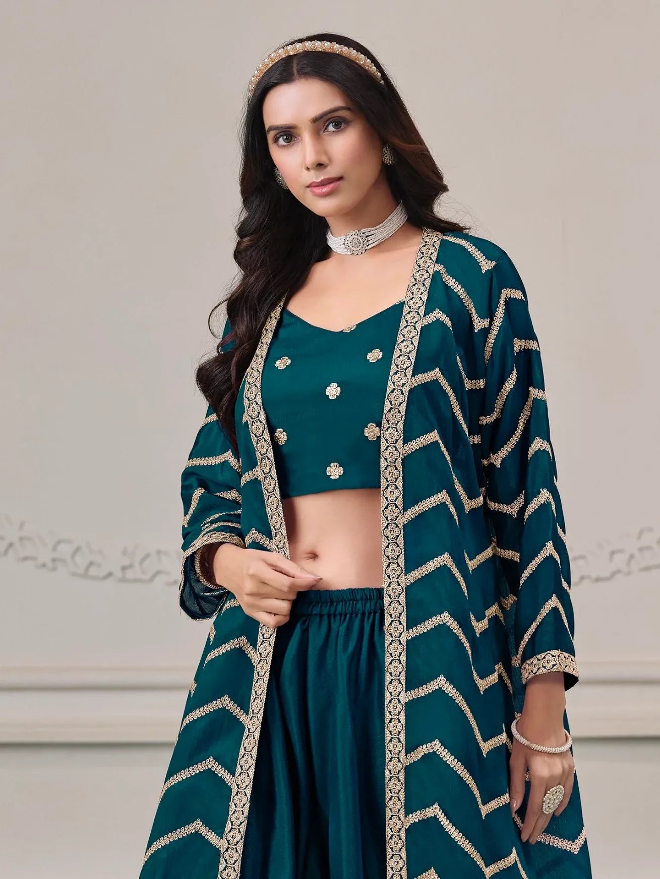 Notable Teal Green Chinon Engagement Wear Palazzo Suit With Jacket